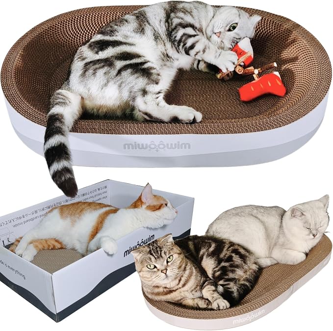 miwoowim 23.6" Extra Large Cat Scratcher Bed & Box Set, Oval Lounge Bowl | Includes 2 Oval Shape Beds & 1 Box with corrugated cardboard Scratch pad. Perfect for big cats and multi-cat households. - Image 6