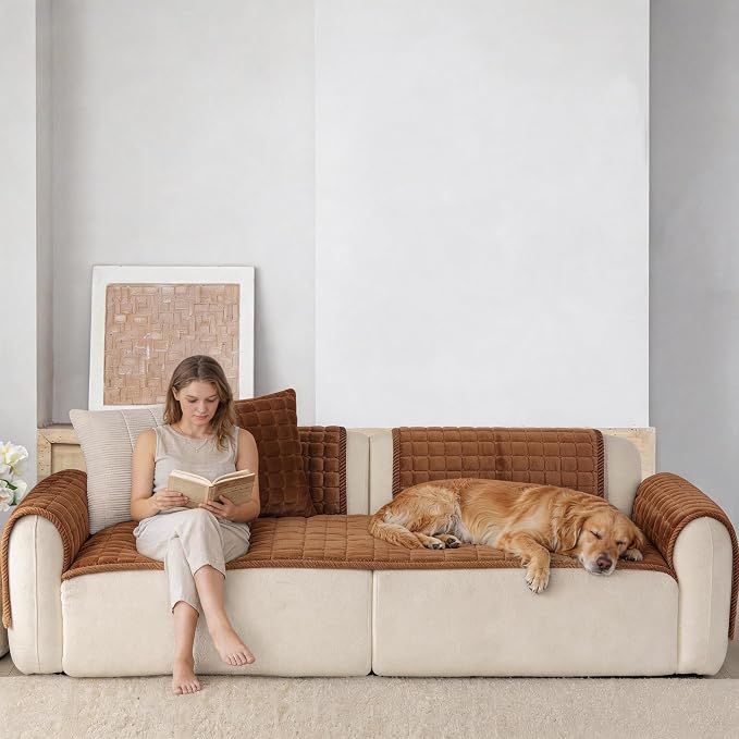 Velvet Washable Couch Cover for Dog,L Shape Sofa Cover for Pets. | 27.6"x90", Brown,Sectional Couch Cover,Soft Velvet,Non-Slip,Furniture Protector,quilted - Image 3