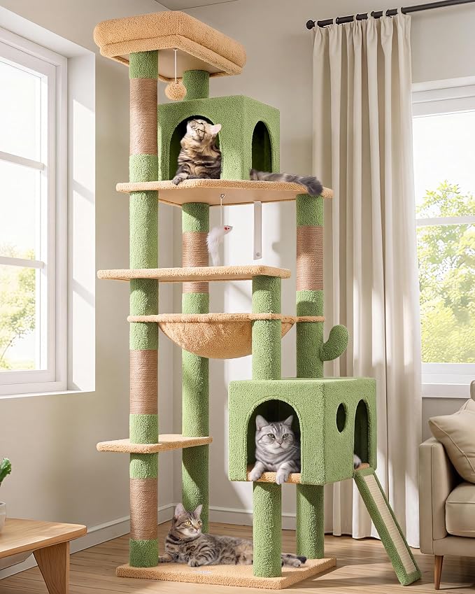 Globlazer Large Cactus Cat Tree Tower, 70in Tall Heavy Duty Green Cat Tree for Indoor Cats Sturdy Cat Tower with Scratching Post and Board, Hammock, Cat Condos for Adult Cats Kittens, F70 Pro, Green by Globlazer