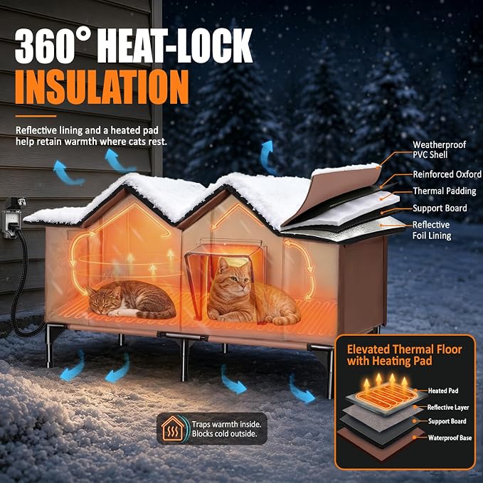 Heated Outdoor Cat House with Heating Pad, XX-Large, Brown - Image 3