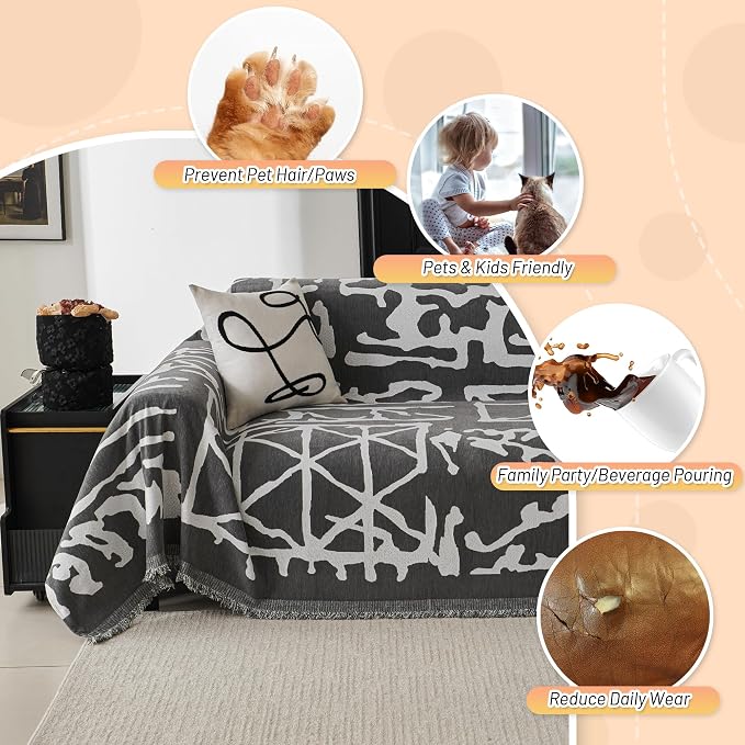 MYSKY HOME Boho Couch Cover Sofa Covers, Couch Covers for 2 Cushion Couch Sofa, Chenille L Shape Sectional Couch Cover - Pet-Friendly, Machine Washable, Sofa Protector for Kid, 71"x118", Grey Geometry - Image 3