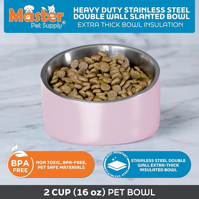 Master Pet Supply Stainless Steel Slanted Dog Cat Food Bowl 16 oz Rose | Heavy Duty Double Wall Insulated Non-Slip Elevated Bowl for French Bulldogs Pugs Cats Anti Rust Dishwasher Safe, Rose Quartz - Image 3