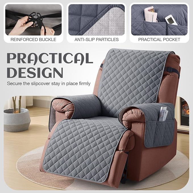 KinCam 100% Waterproof Recliner Chair Covers Washable, 30", Dark Gray | Anti Slip Reclining Couch Covers for Pets Dog, Recliner Sofa Slipcover Storage Pocket, Furniture Protector with Elastic Strap - Image 5