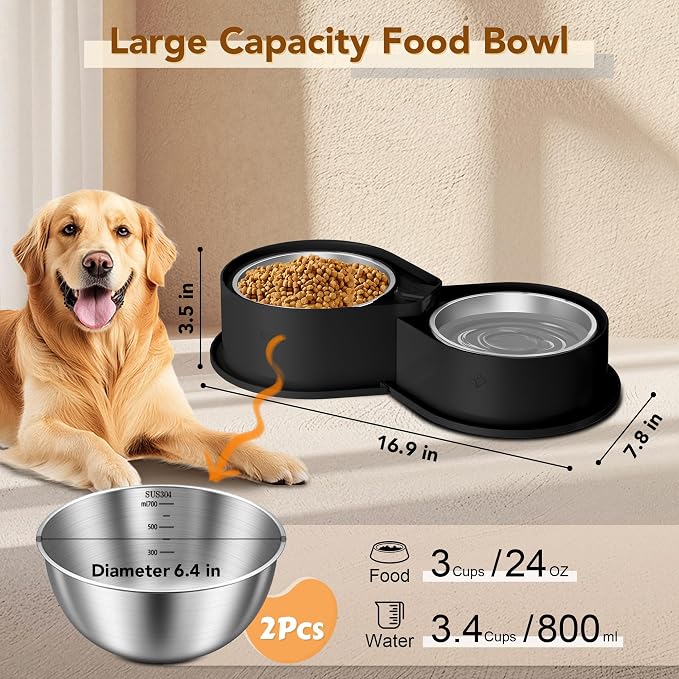 Newget 304 Stainless Steel Dog Bowl Set, 24oz Foldable Pet Dishes, Black | Dual Food & Water Pet Bowl, Anti-Skid, Keeps Food Fresh, Easy to Install, for Small - Large Dogs/Cats - Indoor & Outdoor Use - Image 3