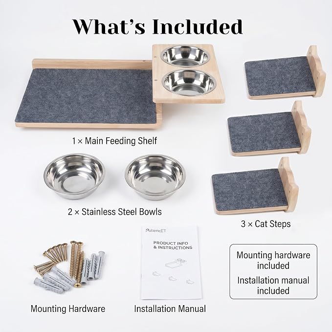 PatiencET Wall Mounted Shelves Cat Feeding Station with 3 Steps and 2 Bowls | Elevated feeding zone helps separate meals in homes with cats and dogs or multiple cats, plus a perch for climbing and rest. - Image 7