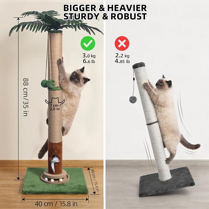 Fantasreen Cat Scratching Post 35'' Tall with Toy Mouse for Indoor Cats, Green - Image 3