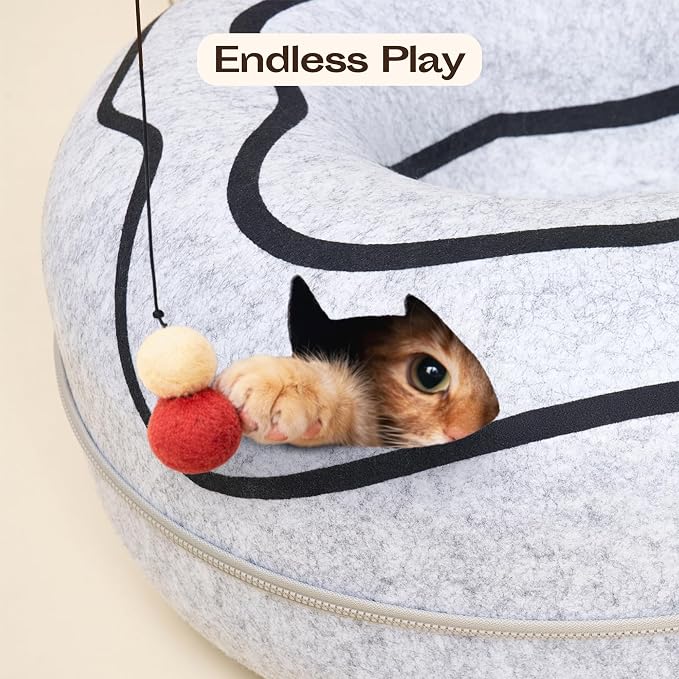 Peekaboo Cat Cave Donut - Cat Tunnel Bed for Indoor Cats – Cute Patterns Hideaway for Multiple & Large Cats, Scratch-Resistant (Light Gray) - Image 9