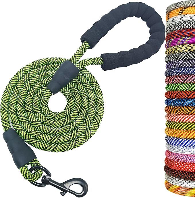 MayPaw Heavy Duty Rope Dog Leash, 6/8/10FT Nylon Pet Leash, Soft Padded Handle Thick Lead Leashes for Large Medium Dogs Walking Training Jogging (Green Black, 1/2" * 6') by MayPaw