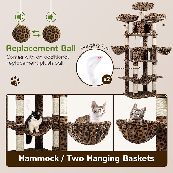 Globlazer Big XXL Cat Tower for Indoor Multiple Cats, F80, Leopard Print | 80 inch Cat Tower for Adult Cats Cat Tree with Scratching Post, Hammock, 3 Perches, 2 Condos, 2 Hanging Basket - Image 6