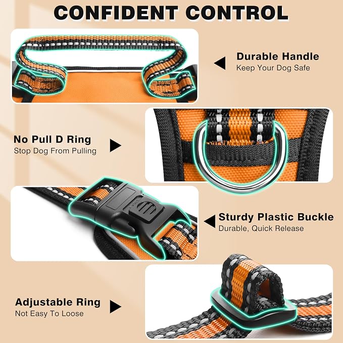 Dog Harness No Pull, Pet Harnesses with Dog Collar, Adjustable Reflective Oxford Outdoor Vest, Front/Back Leash Clips for Small, Medium, Large, Extra Large Dogs, Easy Control Handle for Walking - Image 5
