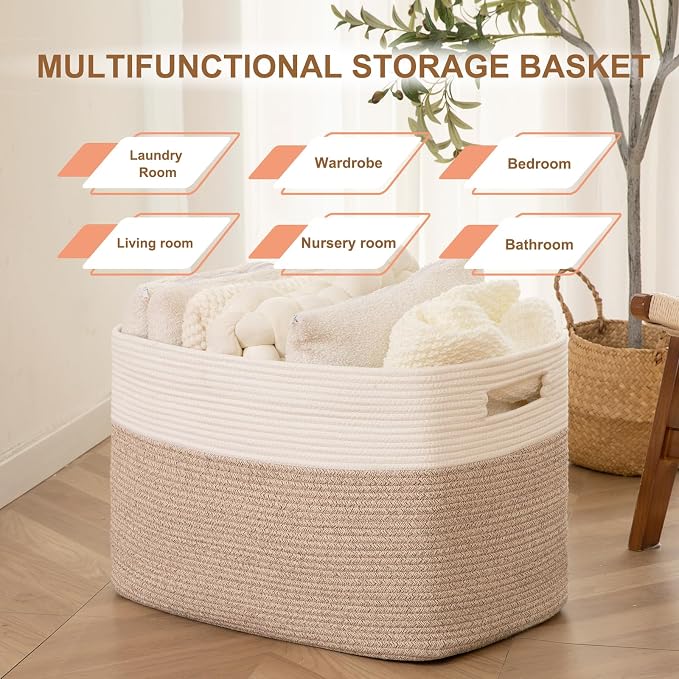 96L XL Large Cotton Rope Basket, Soft Toy Storage Bin for Nursery & Living Room, Decorative Blanket Basket for Bedroom, Baby-Safe Organizer for Pillows &Laundry, 24''×16''×15'', Brown & White - Image 8
