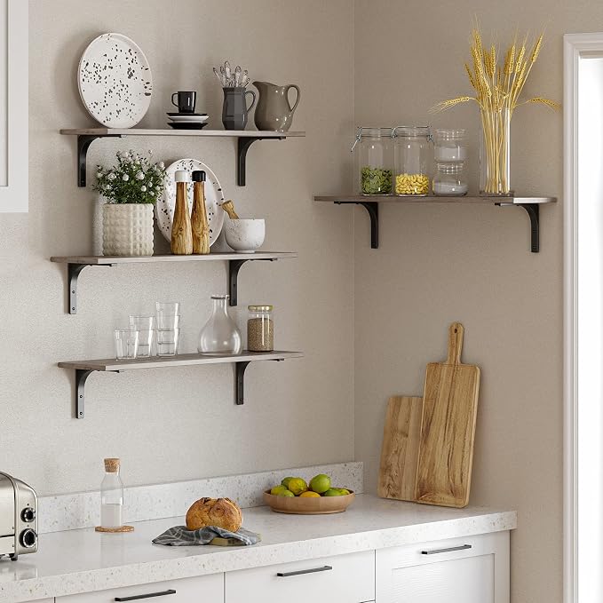 Long Wall Shelves, 31.5Inch Wooden Wall Mounted Shelves, Set of 2 | Floating Book Shelf with Metal Brackets, Easy Assembly, Max Load 22lbs, Wall Storage Ledges, Bedroom/Bathroom/Kitchen, Greige - Image 5