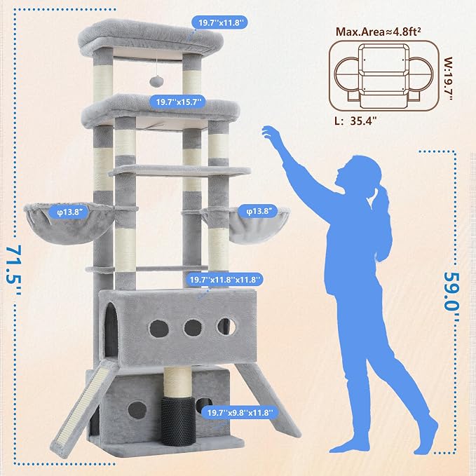 Hey-brother Cat Tree Tower with Multi-Level Platforms, Cozy Condos, MPJ085W | 71.5 Inches Cats House, Scratching Posts with 2 Hammocks, Scratch Board, 2 Plush Baskets for Multiple Indoor Cats, Light Gray - Image 2