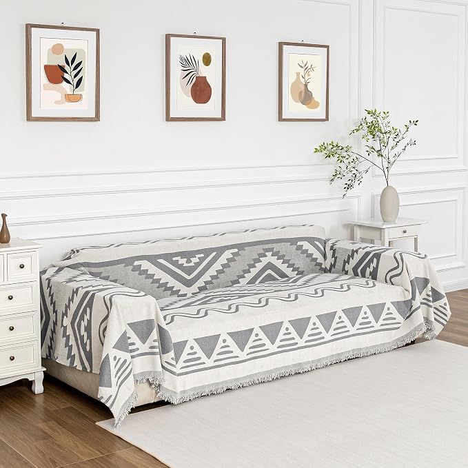 MYSKY HOME Boho Couch Cover for Dogs Washable Grey Rhombic Couch Sofa Protector for Loveseat Sofa with Pets Friendly Chenille Geometric Sofa Covers Soft Durable Farmhouse Sofa Slipcovers, 71" X102" - Image 2