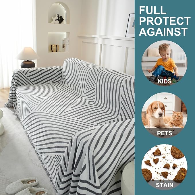 Couch Cover for Sofa, Boho Sofa Cover Washable Couch Cover for Dogs, Pet Sofa Cover for 3-Cushion Couches with Tassel Furniture Protector Cover,71" x 134",Dark Gray-Line - Image 4