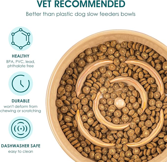 vancasso Ceramic Slow Feeder Dog Bowls, 0.6 Cup Puzzle Dish for Small Breed | Maze Dog Food Bowl for Fast Eaters, Slow Feeding Design for Small Dogs and Cats, Promotes Healthy Eating Habits, Khaki - Image 3