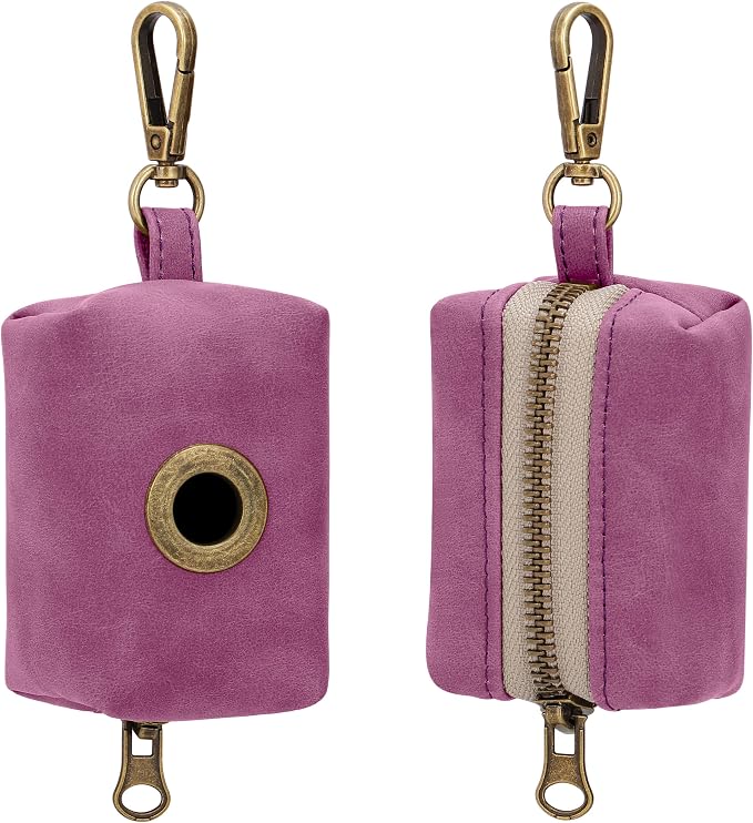 Didog Dog Poop Bag Holder for Leash, Stylish PU Leather, Purplw | Easy Clean for Daily Walking, Quick to Install on Leash & Harness, Easy-Pull with Metal Clip, Includes 1 Roll Pet Waste Bag - Image 2