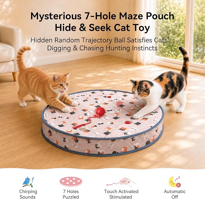 Cheerble Interactive Cat Toys 2 in 1, Automatic Moving Cat Ball with Tail & 7 Holes Play Mat, Hide and Seek Mouse Catching Game for Indoor Cats, Motion Activated Rechargeable Chirping Kitten Toys - Image 3
