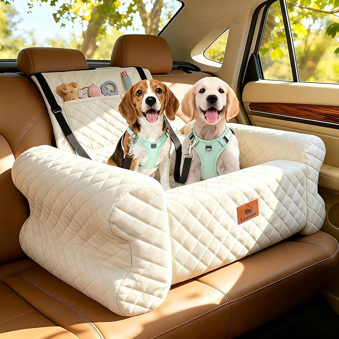 Dog Car Seat for Medium/Large Dogs up to 60LBS Memory Foam Dog Booster Seat | with Thick Cushion, Pet Car Seat for Back with Detachable Washable Cover, Storage Pockets for SUV, Pick Up, Trunk, White by Linvivon