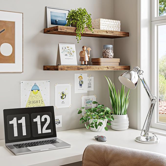 Fixwal Floating Wall Shelves for Decor (Rustic Brown, Set of 2, 22Inch) | MDF Shelf with Metal Brackets, Space Saving for Books , Decor, Fits Bathroom, Kitchen, Bedroom, or Office - Image 4