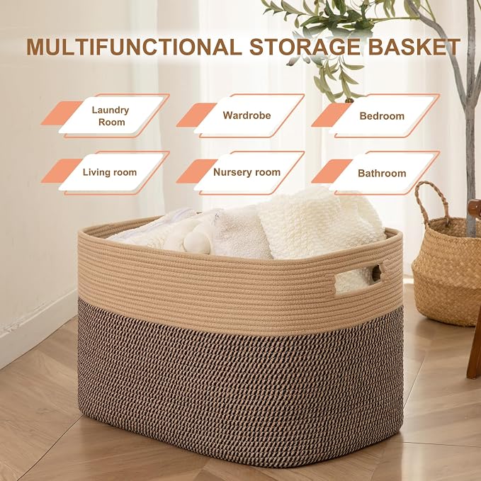 96L XL Large Cotton Rope Basket, Soft Toy Storage Bin for Nursery & Living Room, Decorative Blanket Basket for Bedroom, Baby-Safe Organizer for Pillows &Laundry, 24''×16''×15'', Brown & Black - Image 8