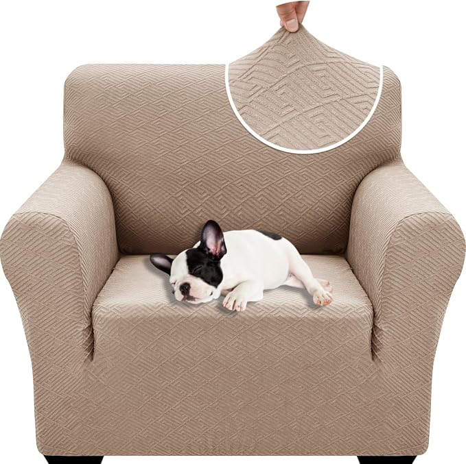 XINEAGE Stretch Jacquard Armchair Cover, Non Slip Sofa Slipcover for Dog | High-Stretch Fabric. Wear-Resistant, Pet Friendly. Easy Install & Washable for Living Rooms, Offices.Khaki by XINEAGE