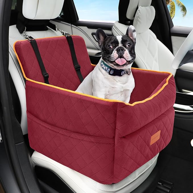 HEGGCOOE Dog Car Seat for Small Medium Dogs, Memory Foam Puppy Dog Booster Seat with Thick Cushion for Dogs Under 35lbs, Detachable Washable Pet Car Seat Travel Bed with Storage Pockets,2 Safety Belts by HEGGGCOOE