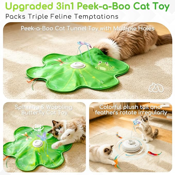 Interactive Cat Toys, Rechargeable with Auto Play and Bird Chirps | 3-in-1 hide and seek mat with fluttering butterfly, moving feather and plush tail, Perfect for indoor adult cats and kittens - Image 2