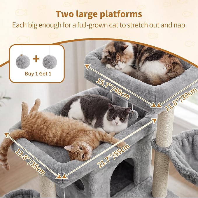 Heybly Cat Tree with Reinforced Big Base, 41.3 in Sturdy Cat Tower HCT075W | Indoor Cat Furniture Featuring 2 Roomy Platforms, Double Condos, 2 Cozy Baskets, Full Sisal Scratching Posts, Light Gray - Image 2
