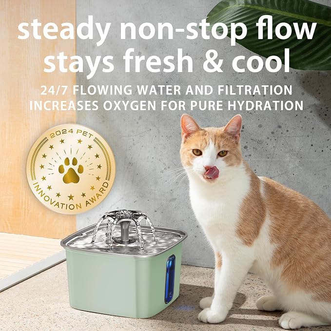 Veken Innovation Award Winner Stainless Steel Cat Water Fountain, 108oz | Automatic Pet Fountain Dog Water Dispenser with Replacement Filters & Silicone Mat for Cats, Dogs (Tea Green) - Image 5