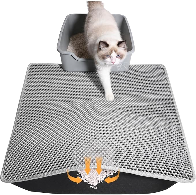 Cat Litter Mat 24"x15", Double Layer Waterproof Litterbox Mat, Gray | Non-slip backing, washable for easy cleanup, traps stray litter with waterproof honeycomb large grid that is urine-proof. by Unknown