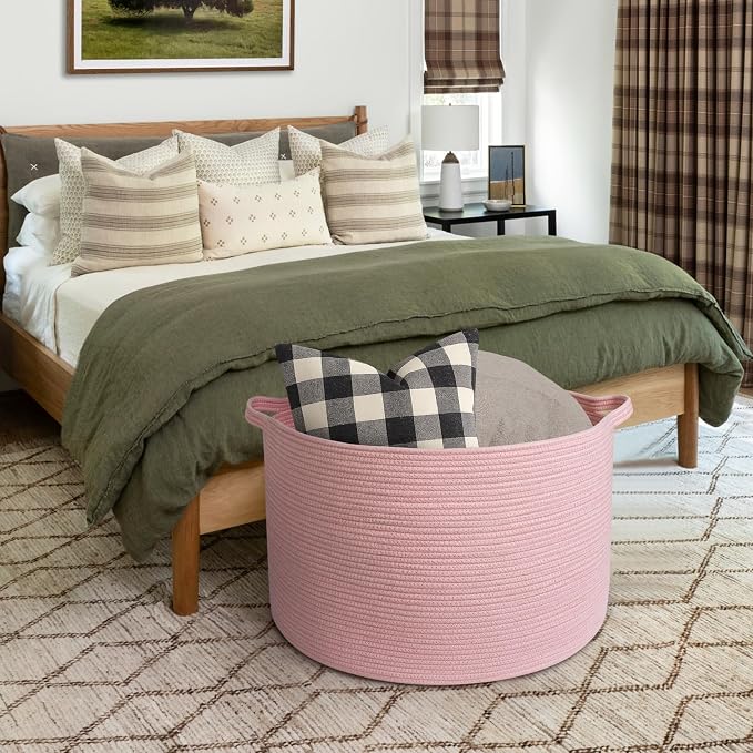 MEGASKET 115L Oversized Pink Basket, 23.6"x15.7" Woven Cotton Rope Bin with Handles, XXXL Blanket Storage for Living Room, Kids Toy Storage Bin Box, Baby Laundry Basket for Organizing, Pink Room Decor - Image 5