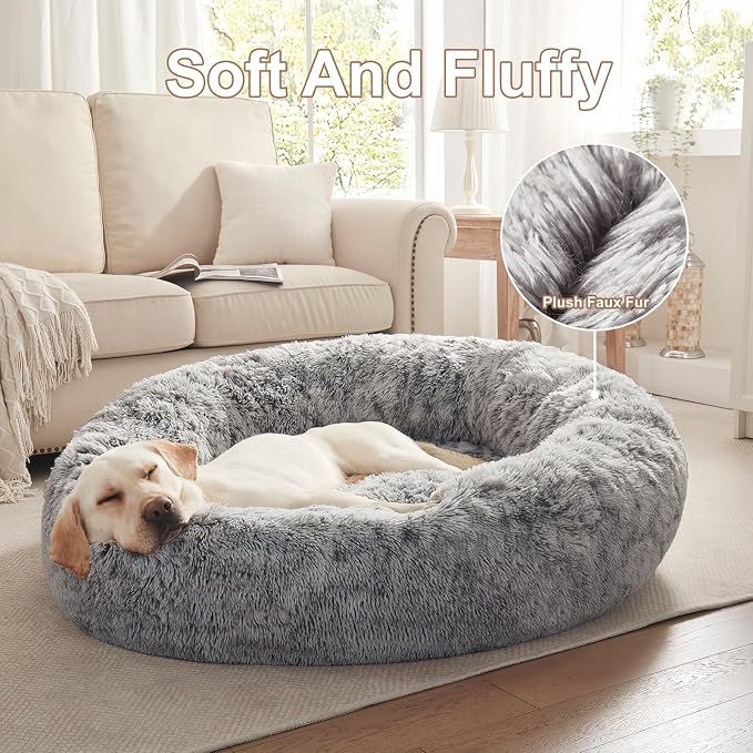 45 in Faux Fur Fluffy Donut Dog Bed for Extra Large Dogs,Dark Grey | Calming Plush Round Jumbo Pet Bed with Removable & Washable Cover,Fits up to 120 lbs Pets - Image 4