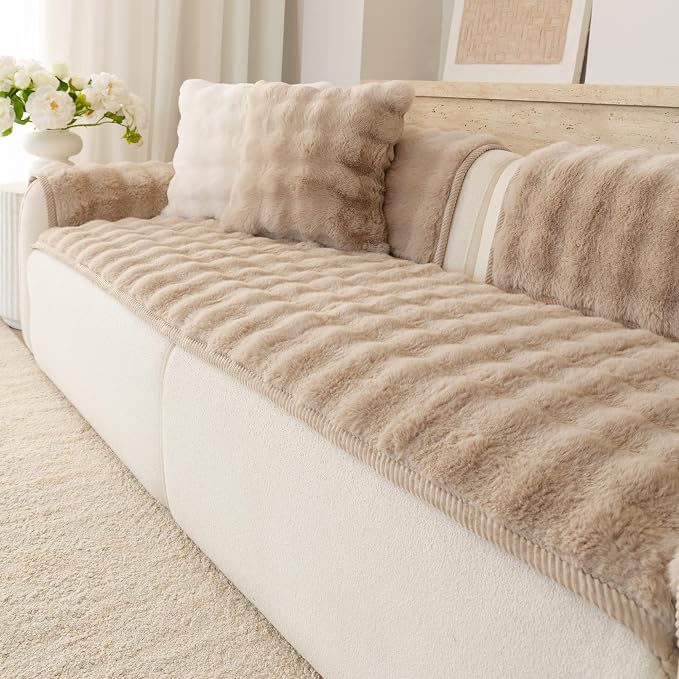 Faux Fur Couch Cover for Dogs, L Shaped Sofa Cover for Pets. | 27"x70",Khaki,L Shaped,Washable,Non-Slip,Furniture Protector,No Linting,Pet Friendly,Living Room. by Buzyset