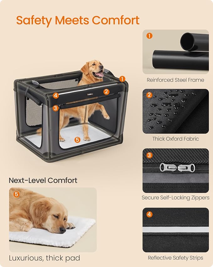 Feandrea Collapsible Dog Crate, Portable Travel Crate, 36-Inch | Oxford Fabric Pet Carrier with 4 Mesh Doors, Handles, Storage Pocket, Water Bottle Holder, UPDC019B01 - Image 5