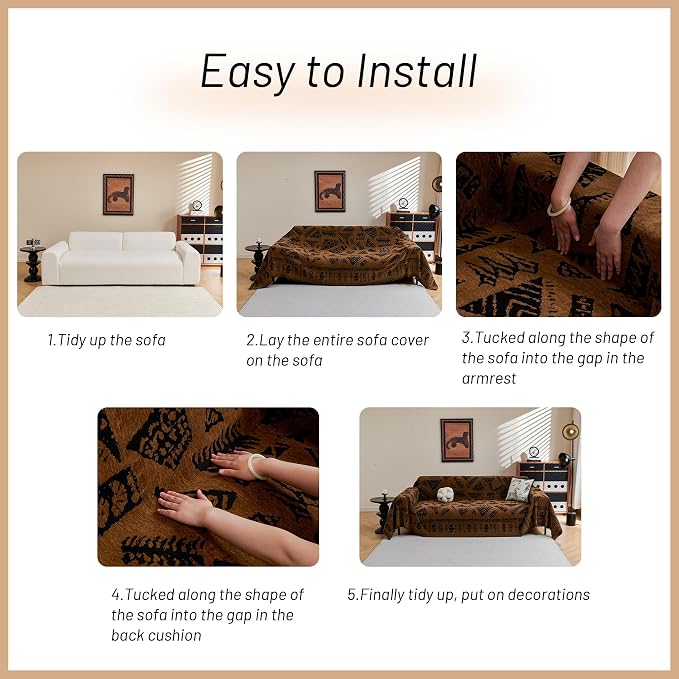 MYSKY HOME Boho Couch Cover Sofa Covers, Couch Covers for 2-3 Cushion Couch Sofa, Chenille L Shape Sectional Couch Cover- Pet-Friendly, Machine Washable, Sofa Protector for Kid, 71"x118", Coffee - Image 7