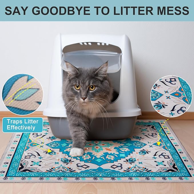 BEAUTYZOO Cat Litter Mat Litter Trapping Mat, 32"x 45" Large Litter Box Mat, Waterproof Kitty Litter Mat, Non-Slip Litter Rug Mats Pads for Floor Scatter Control, Soft on Paws & Easy to Clean, Blue - Image 2