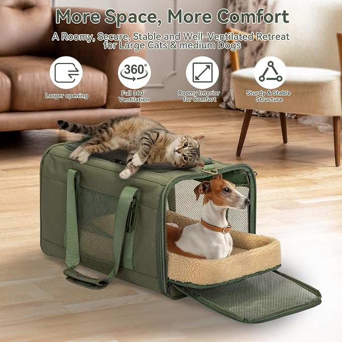 Petsfit 19x12x12 Pet Carrier for Large Cats (up to 20 lbs), Soft-Sided Small Dog Travel Carrier, Upgraded with Patented Buckle and Soft Padding, Ideal for Car Road Trips Green - Image 5