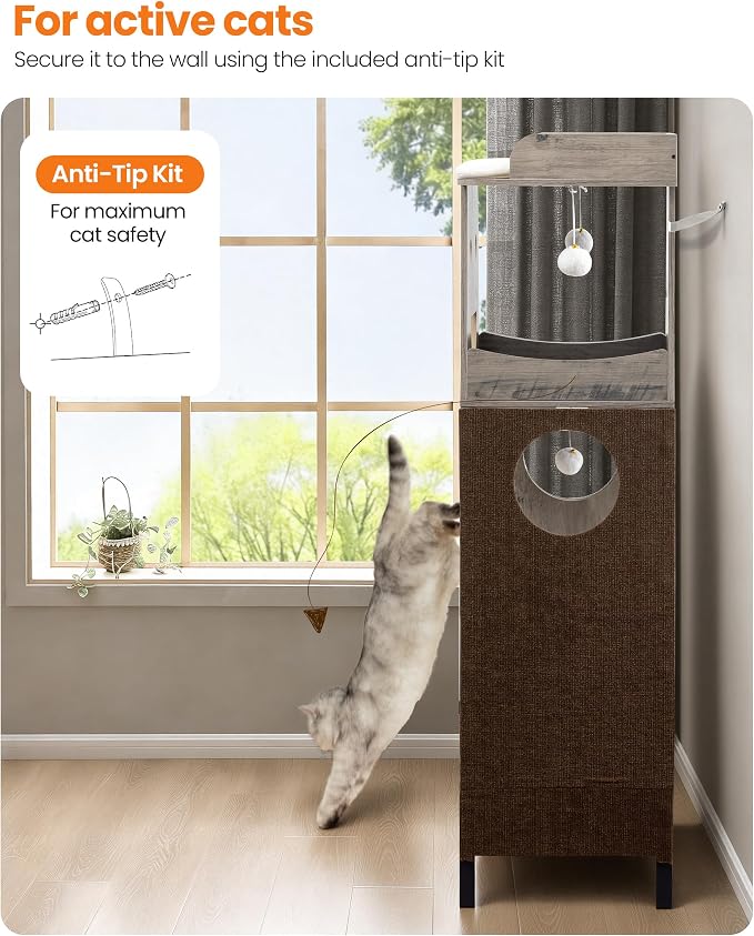 56in Modern Wood Cat Tree Tower for Indoor Cats with Hammock | Multi-Level Climbing Design, 2 Spacious Hammocks, Top Perch, Cat Condo, Scratching Boards, Ideal for Multi-Cat Homes,Greige - Image 8