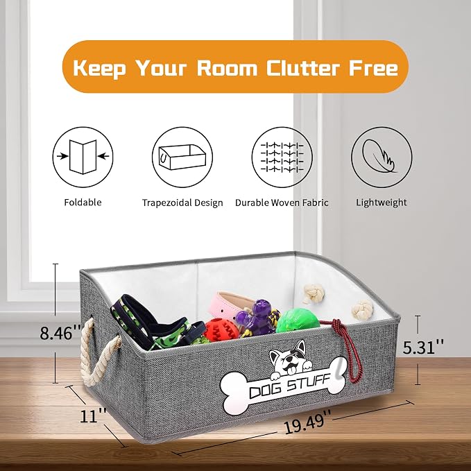 Dog Toy Basket, Storage Bin, Collapsible Box for Pet Accessories | Fabric Container With Handle, Trapezoid Holder for Small Medium dogs, Organizer for Living Room, Light Gray - Image 2