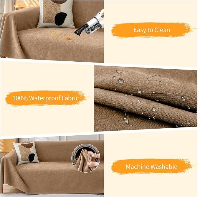 Deep Dream Cat-Scratch Resistant Couch Cover, Waterproof Sofa Cover for 3 Cushion Couch Washable, Pet Friendly Couch Protectors Anti Slip Thickened Sofa Slipcovers for Dogs Pets, 71" x 150", Brown - Image 3
