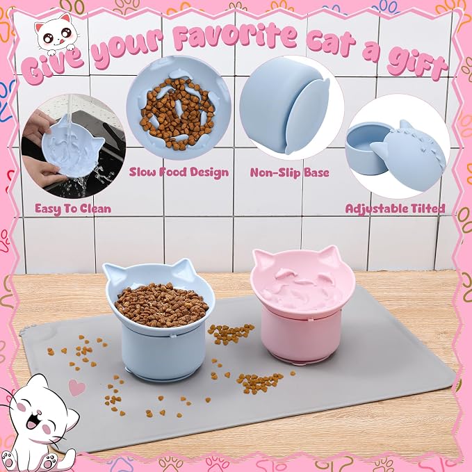 2 Pack Slow Feeder Cat Bowls Silicone Tilted Raised Pet Bowl | Non Slip Base for Digestion Anti Vomit, Pink, Blue - Image 3