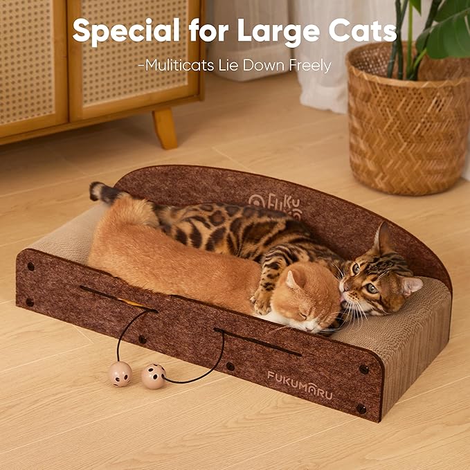 FUKUMARU Large Cat Scratcher Bed, 26 Inch Cat Scratching Bed Sofa Indoor | Cardboard Cat Scratcher with 2 Reversible Scratch Pad Refills, Durable Large Cat Scratching Lounger with Ball Toy, Caramel - Image 4