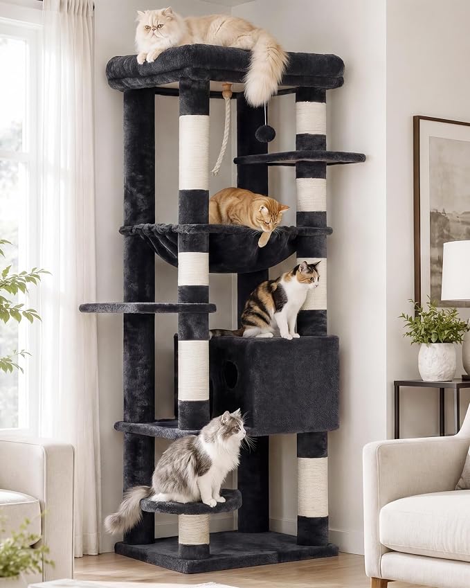 Heybly Cat Tree for Large Cats, 20lbs Heavy Duty, 60 inches HCT050G | Cat Tower for Indoor Cats with Big Padded Plush Perch, Multi-Level Furniture Condo with Cozy Basket, Smoky Gray by HEYBLY