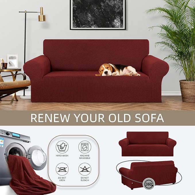 KEKUOU Stretch Loveseat Couch Cover, 2 Cushion Couch Slipcover,Dark Red | 1-Piece Washable Sofa Cover Pet Friendly (55"-78") Furniture Protector Soft Jacquard, Elastic Bottom for Dogs & Kids - Image 3