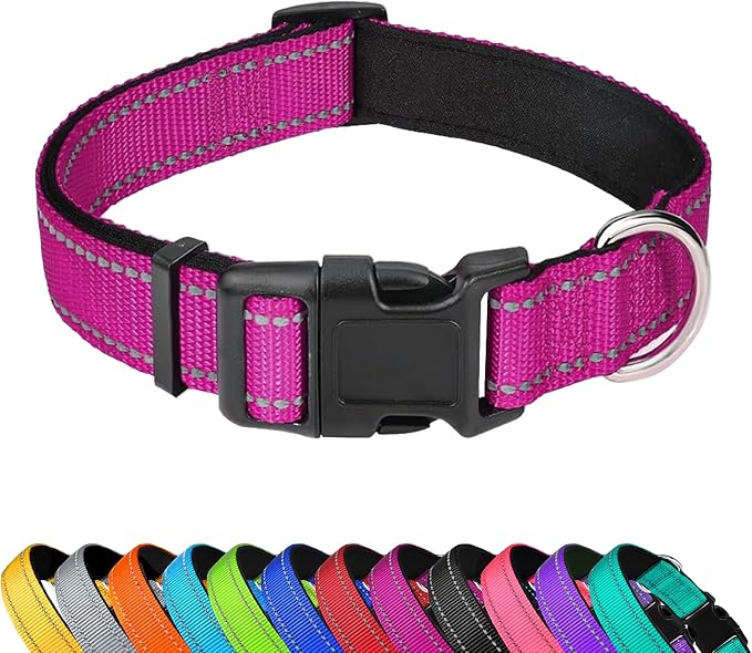 Reflective Dog Collar, Adjustable Soft Neoprene Padded,Rose Red,L | Breathable Nylon for Large Dogs,Tear-Resistant Webbing,Chafe‑Free on Walks and Hikes,Metal D-Ring,Night Safety by PWOD