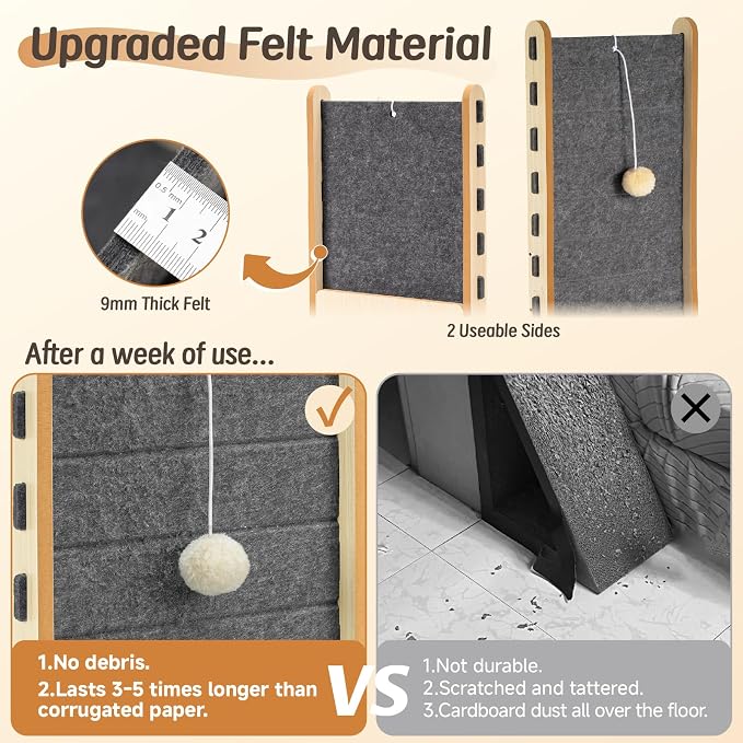 Felt Cat Scratcher for Indoor Cats,26.8 Inch,Grey | L Shaped Scratching Post, Scratch Board Scratchers for Large Cat Scratch Pad Furniture Protector with Bell Ball Kitten Toys - Image 2