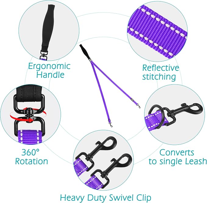 PetBonus Two Point Control Dog Leash, No Tangle Training Walking Leashes | Soft Padded Handle, Reflective, Works with No Pull Harnesses, Converts to Single Lead for Medium Large Dogs, Purple - Image 3
