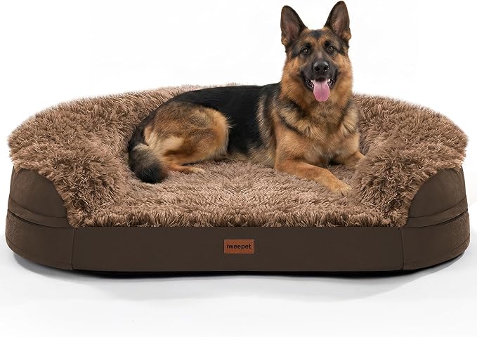 Fluffy Calming Jumbo Orthopedic Dog Beds for Extra Large Dogs, Supportive Dog Sofa Bed with 3.7 inch 28D Egg-Crate Foam, Removable Washable Plush Cover, Waterproof Lining, 48’’,Brown by iweepet