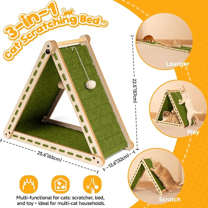 Large Foldable Felt Cat Scratcher for Indoor Cats Full Body Stretch | Wear-resistant felt scratcher pad, cozy cat hideaway with hanging ball toy, suitable for kittens and indoor cats (Green） - Image 4